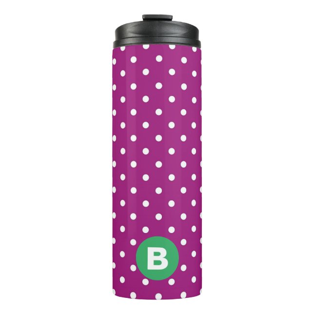 Purple Polka Dot Pattern Green Monogram Thermal Tumbler (Front)
