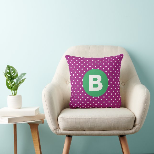 Purple Polka Dot Pattern Green Monogram Throw Pillow (Chair)