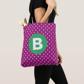 Purple Polka Dot Pattern Green Monogram Tote Bag
