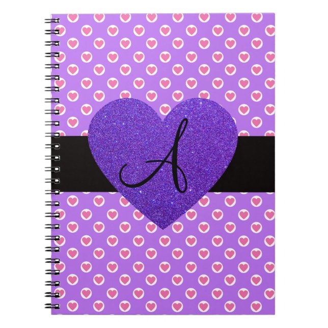 Purple polka dots monogram hearts notebook (Front)