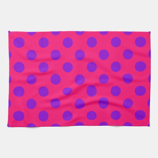 Purple polka dots on cerise kitchen towel (Horizontal)