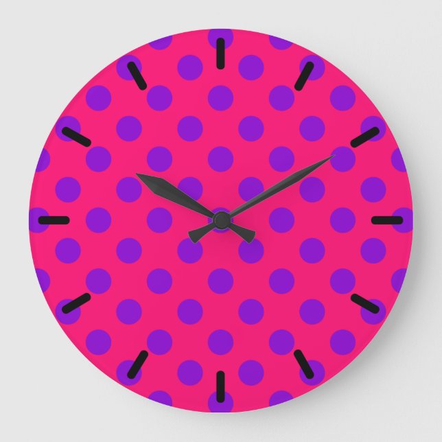 Purple polka dots on cerise large clock (Front)