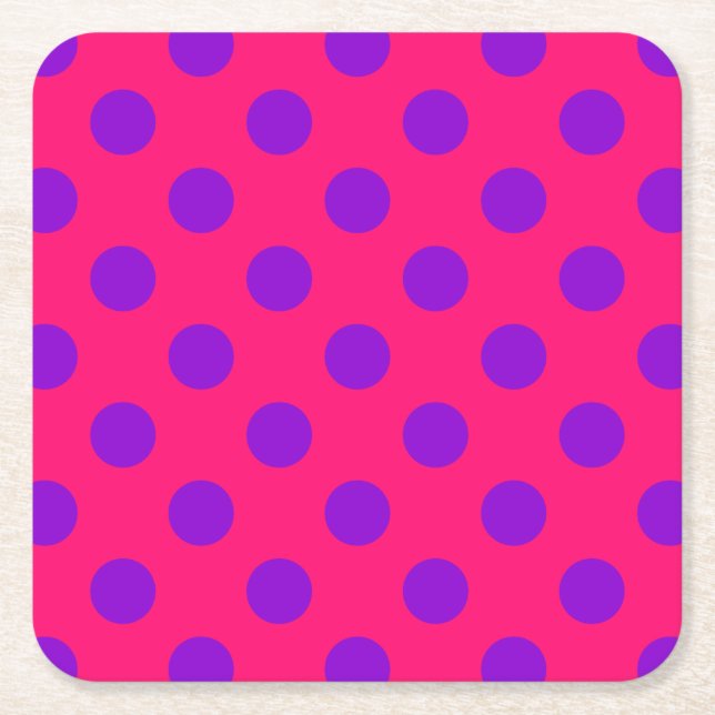 Purple polka dots on cerise square paper coaster (Front)