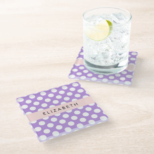 Purple Polka Dots, Polka Dot Pattern, Your Name Glass Coaster