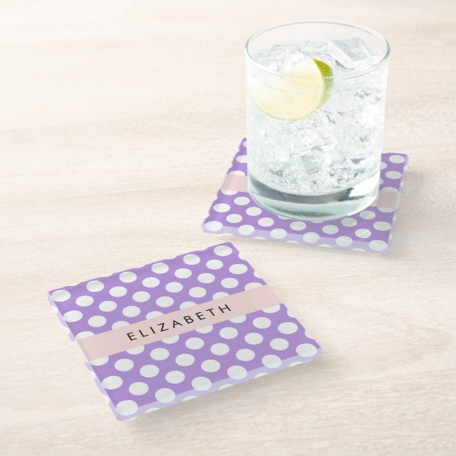 Purple Polka Dots, Polka Dot Pattern, Your Name Glass Coaster (Angled)