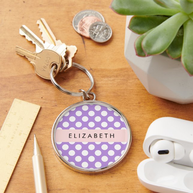 Purple Polka Dots, Polka Dot Pattern, Your Name Keychain (Desk)