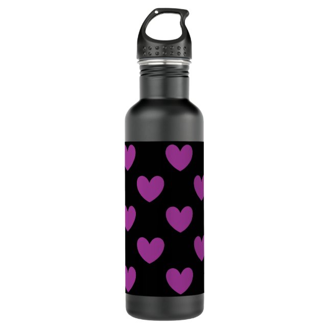 Purple polka hearts on black 710 ml water bottle (Front)