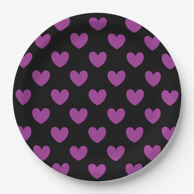 Purple polka hearts on black paper plate (Front)