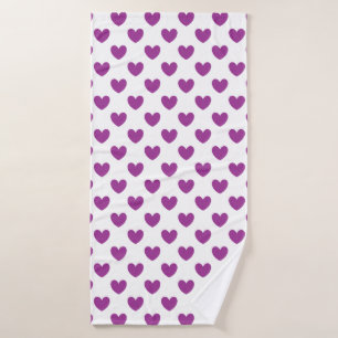 Purple polka hearts on white bath towel