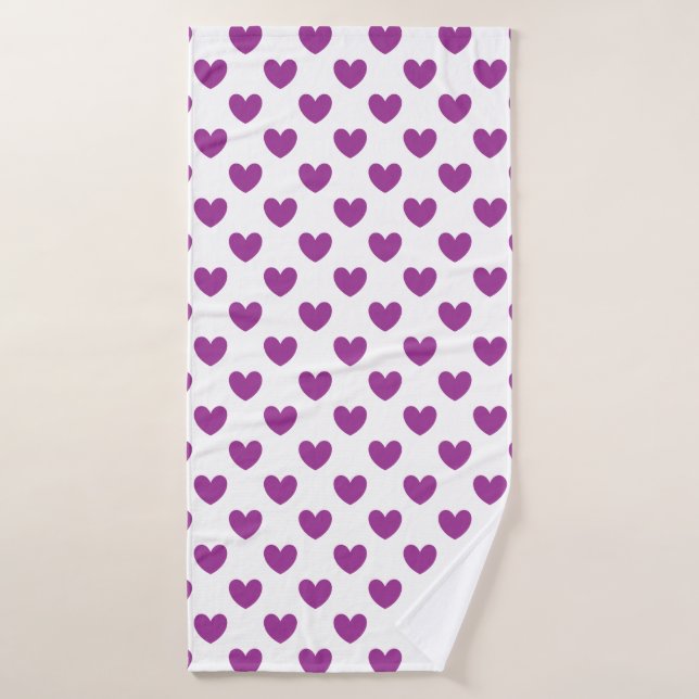 Purple polka hearts on white bath towel (Bath Towel)