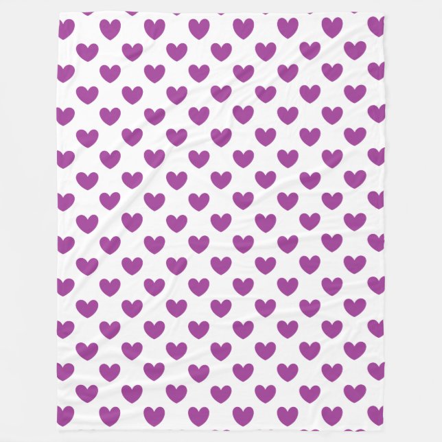 Purple polka hearts on white fleece blanket (Front)