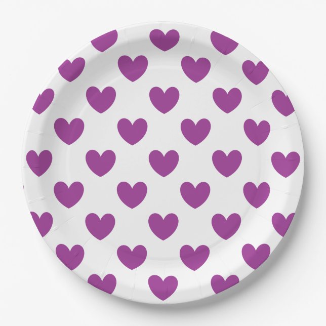 Purple polka hearts on white paper plate (Front)