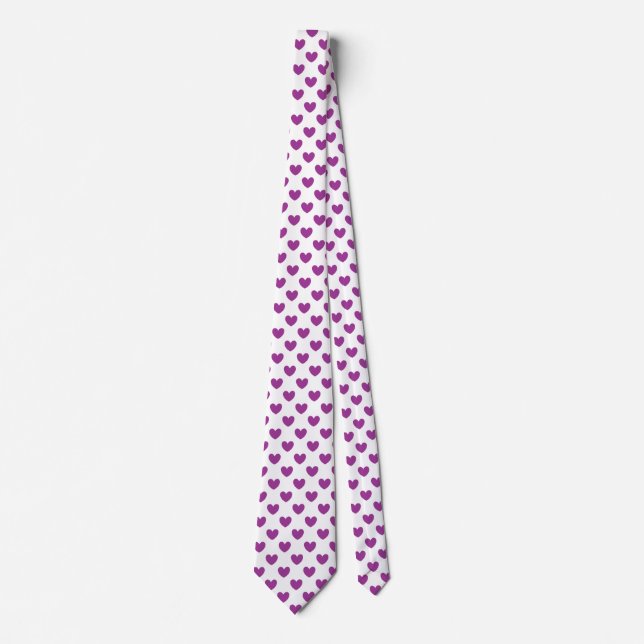 Purple polka hearts on white tie (Front)