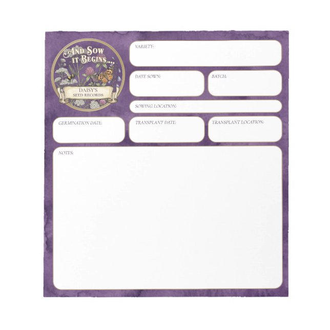 Purple Pollinator Garden Seed‑Sowing Record Notepad (Front)