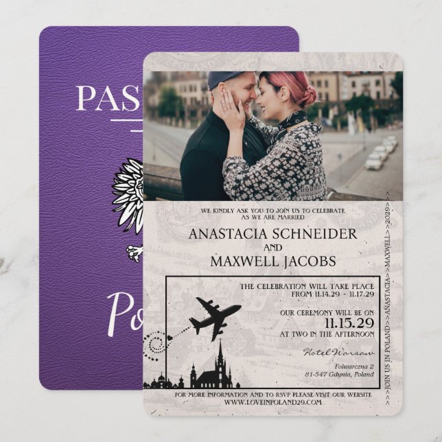 Purple Pologne Passeport Faire-part de mariage (Devant / Derrière)
