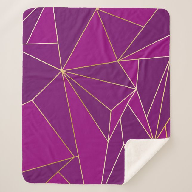 Purple Polygon Art: Gold Line Geometric Background Sherpa Blanket (Front)