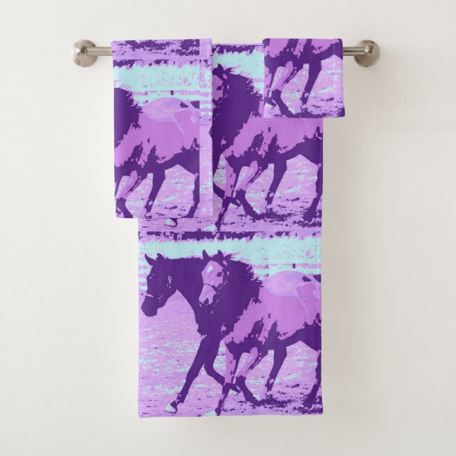 Purple Pop Art Horses Bath Towel Set (Insitu)