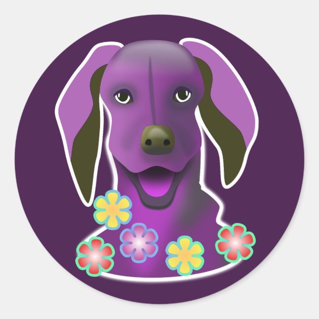 Purple Pop Art Smiling Dog & Flowers Cartoon Fun Classic Round Sticker (Front)