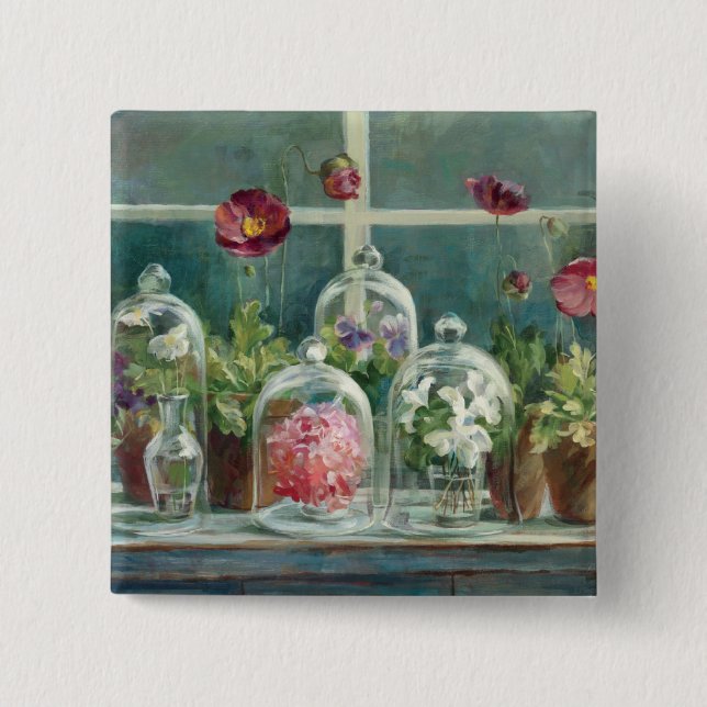 Purple Poppies on a Windowsill 2 Inch Square Button (Front)