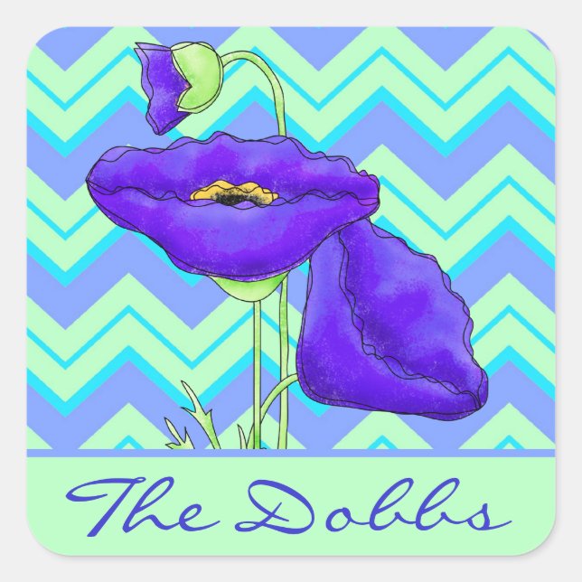 Purple Poppy Personalized Green Chevron Zizzag Square Sticker (Front)