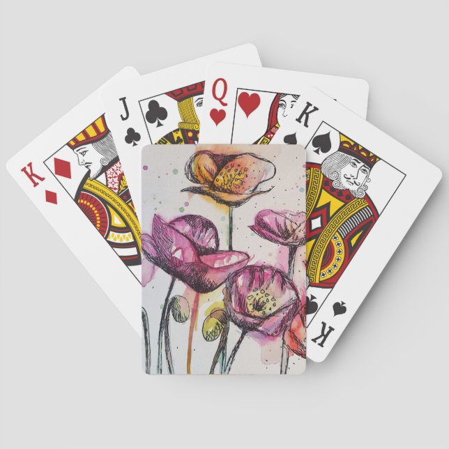 Purple Poppy Watercolor Flower Playing Cards Set (Back)