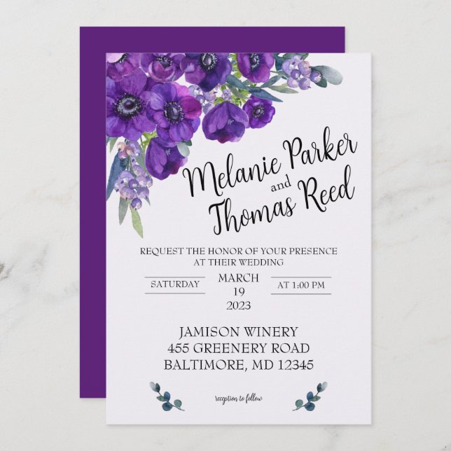 Purple Poppy Wedding invitation (Front/Back)