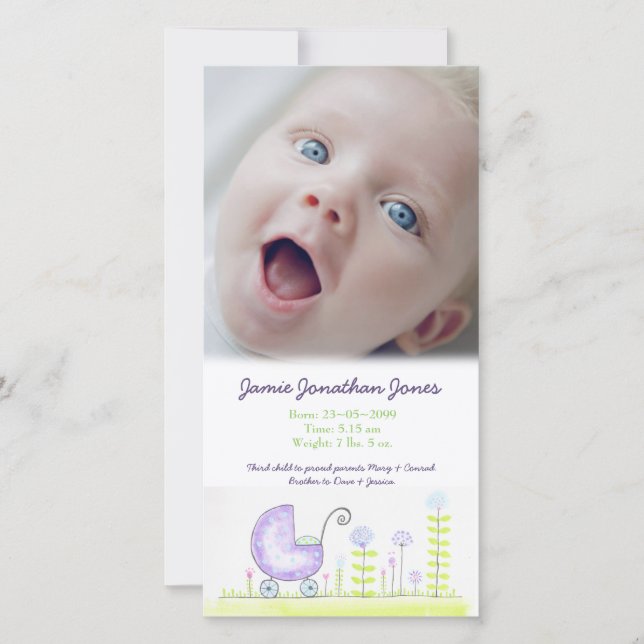 Purple Pram Baby Birth Announcement Photo Card (Front)
