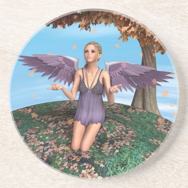 Purple Praying Angel Autumn Fantasy Art Coaster (Front)