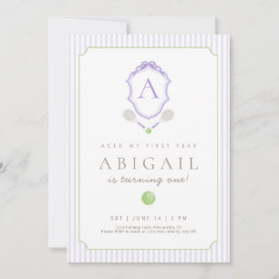 Purple Preppy Tennis Crest 1st Birthday Invitation