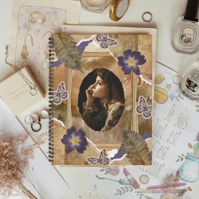 Purple Pressed Flower Memory Frame Notebook (A tender collage of pressed petals and vintage textures—crafted to hold your quiet reflections.)