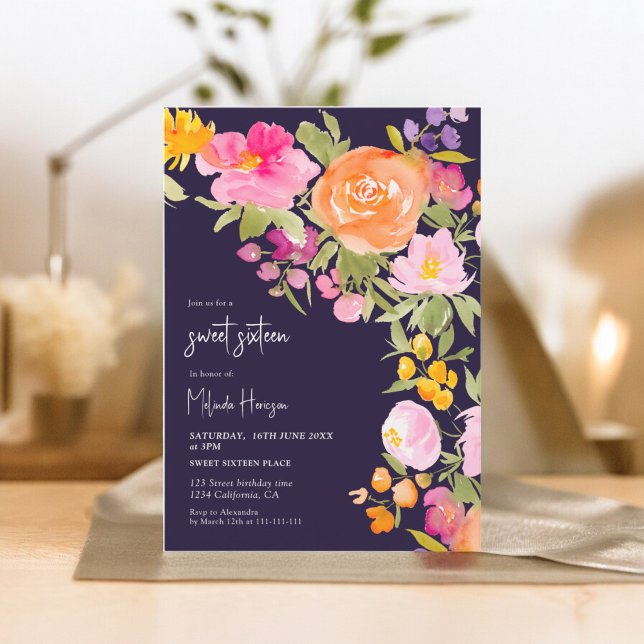 Purple Pretty romantic summer floral sweet 16 Invitation (Pink Pretty romantic summer floral sweet 16 Invitation on purple blue)