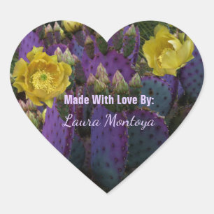 Purple Prickly Pear Opuntia Cactus Yellow Flowers Heart Sticker