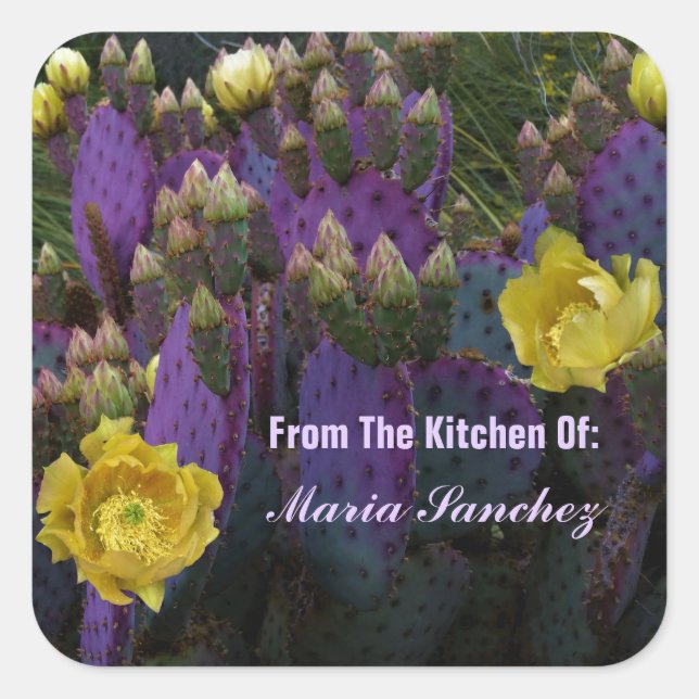 Purple Prickly Pear Opuntia Cactus Yellow Flowers Square Sticker (Front)