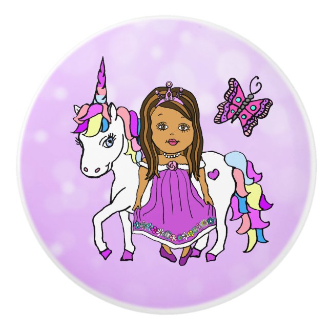 Purple  Princess, Butterfly and Unicorn Ceramic Knob (Front)