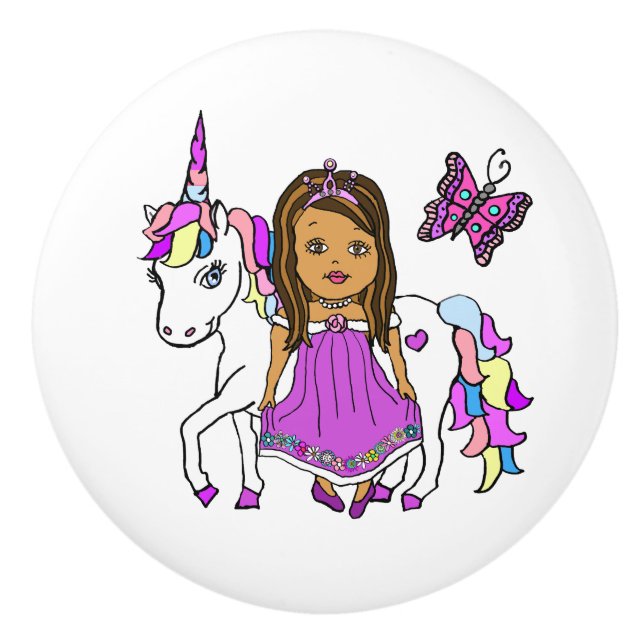 Purple  Princess, Butterfly and Unicorn Ceramic Knob (Front)