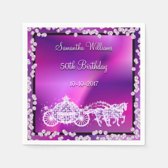 Purple Princess Coach & Horses 50th Birthday Napkin (Front)
