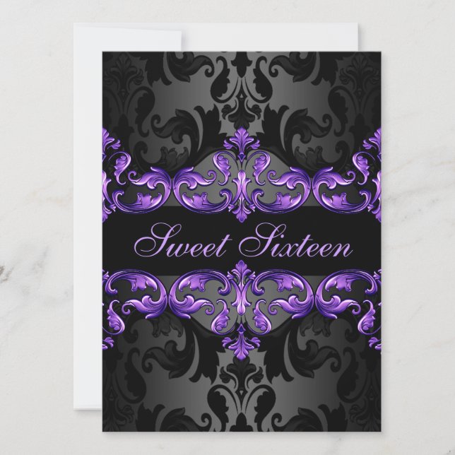 Purple Princess Damask Sweet16 Invitation d'annive (Devant)