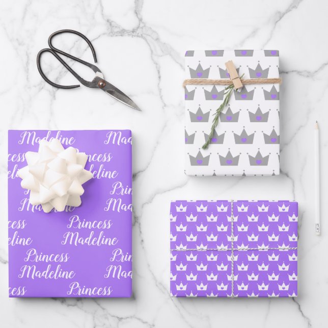 Purple Princess Name & Princess Crowns Wrapping Paper Sheet (Front)