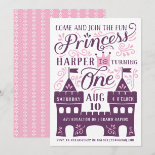 Purple Princess Party First Birthday Invitations