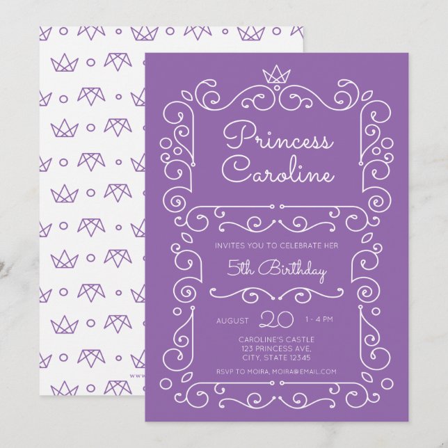 Purple Princess Scroll Birthday Invitation (Front/Back)