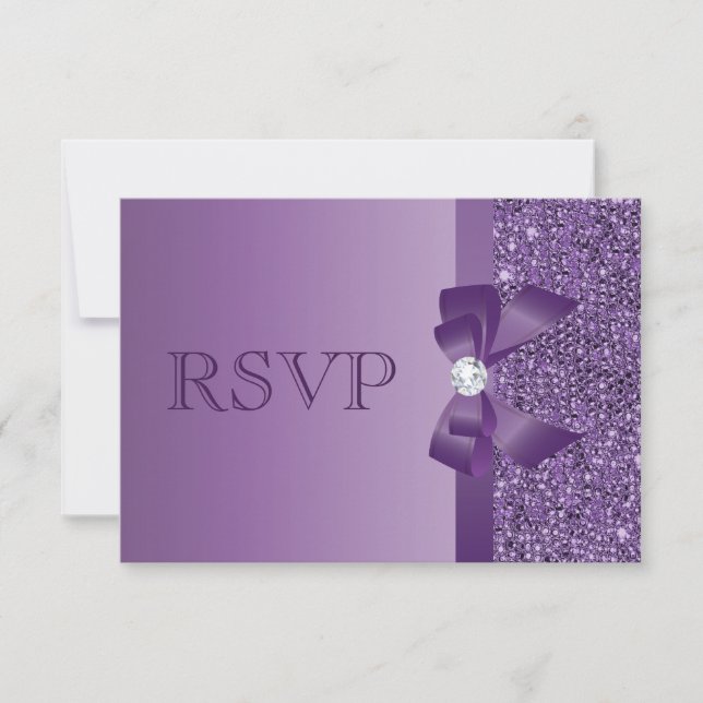 Purple Printed Sequins, Bow & Diamond RSVP Wedding Card (Front)