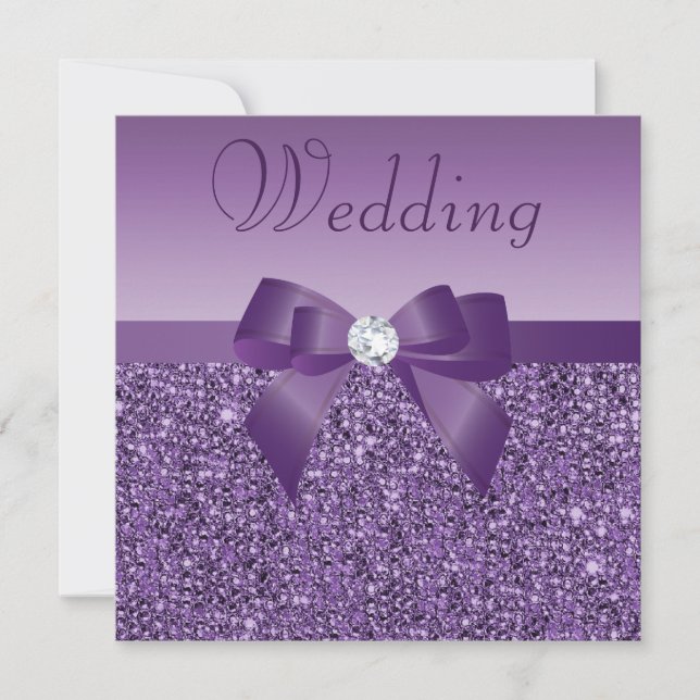 Purple Printed Sequins Bow & Diamond Wedding Invitation (Front)