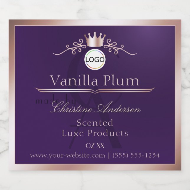 Purple Product Label Rose Gold Frame Logo Monogram (Single Label)