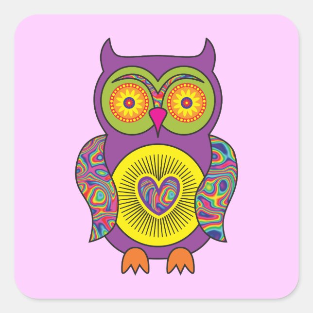 Purple Psychedelic Owl Square Sticker (Front)