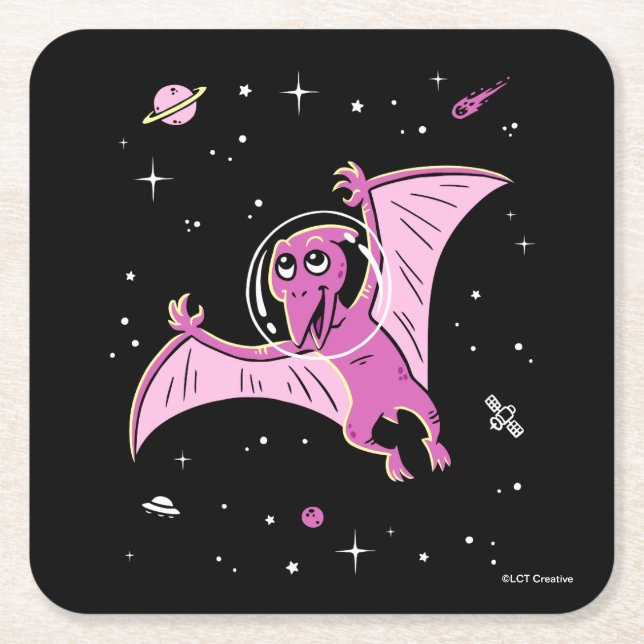 Purple Pterodactyl Dinos In Space Square Paper Coaster (Front)