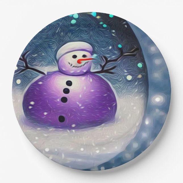 Purple Pudgy Painted Snowman Paper Plate (Front)