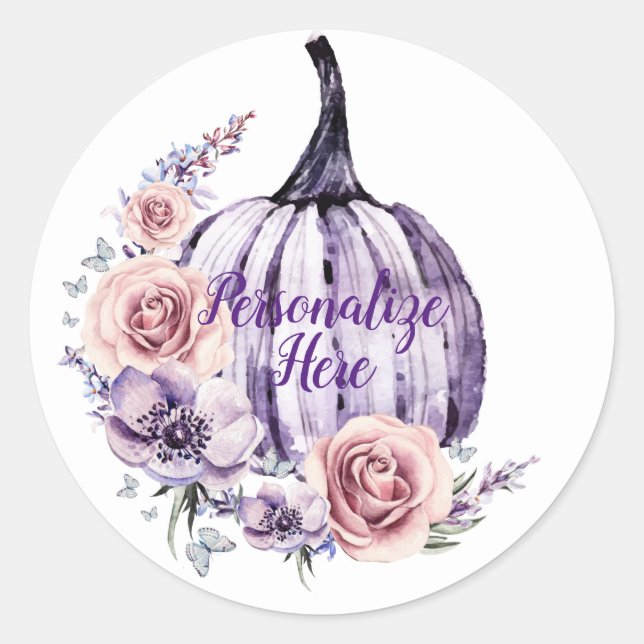 Purple pumpkin cute floral fall autumn flowers  classic round sticker (Front)