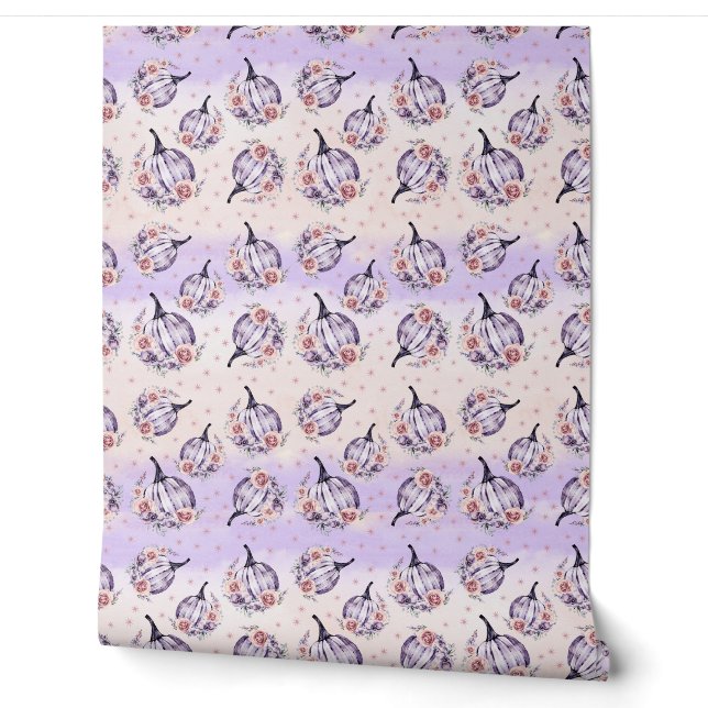 Purple pumpkin cute floral fall purple pink wallpaper (Unrolling)