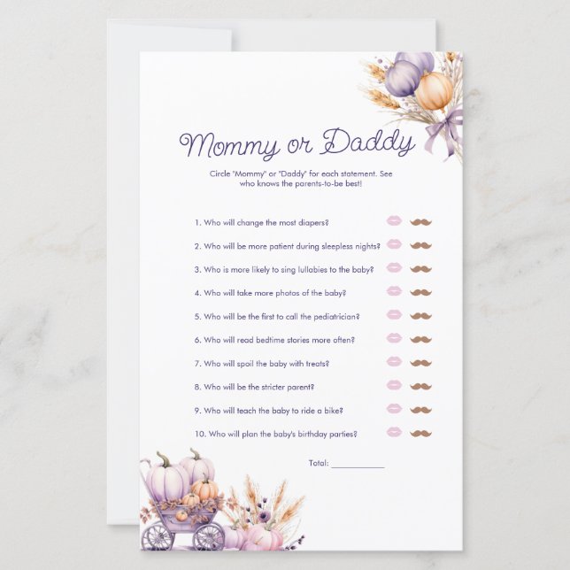 Purple Pumpkin Mommy or Daddy Baby Shower Game (Front)