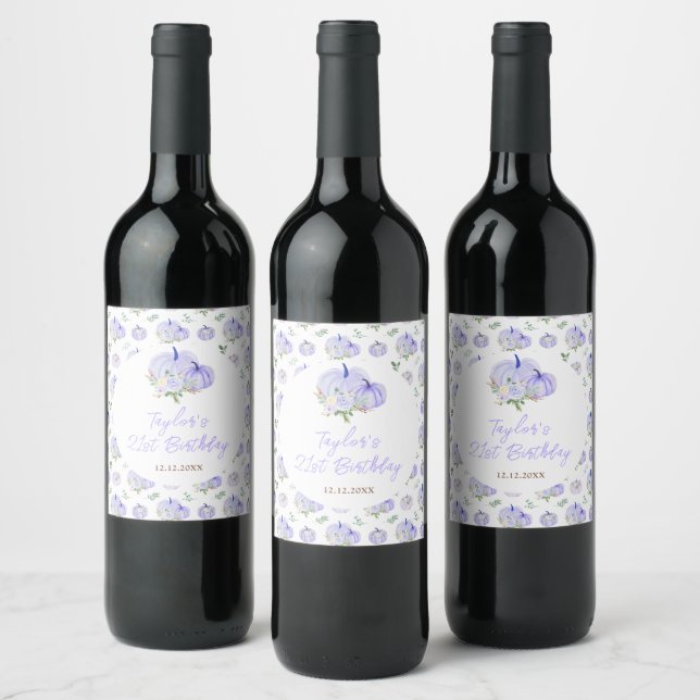 Purple Pumpkins Floral Birthday Party Wine Label (Bottles)